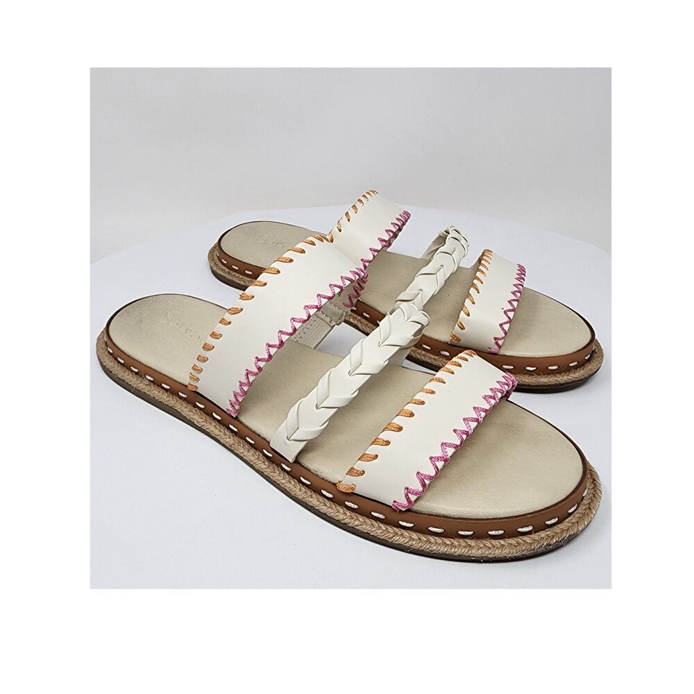 Splendid Caia Slide Sandals Women 8M Ivory w/ Pink and Orange Embroidery Braid